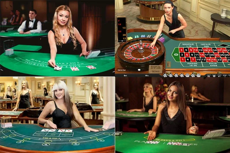 Antarmuka meja kasino live dengan dealer, kamera, dan panel permainan
